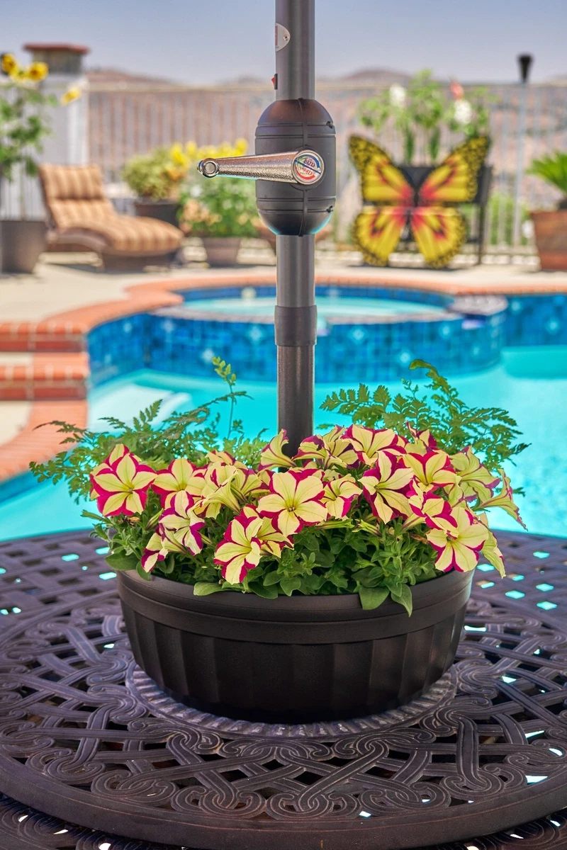 cheap vase to go around patio umbrella Tbpro Planter 2pcs Umbrella Planter Gray 11.41 * 11.41 * 4.72 inch Weatherproof with Drainage Holes Half-Circle Planter Pots with Umbrella Rod Hole for Patio Table : Patio, Lawn & Garden Umbrella Base Gallickan Plants Shade Umbrella, Adjustable