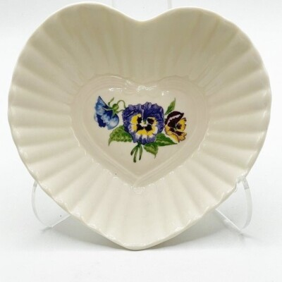 #ad Belleek Vintage Enchanted Garden Heart Dish Cream Parian China Pansies Ireland $34.99