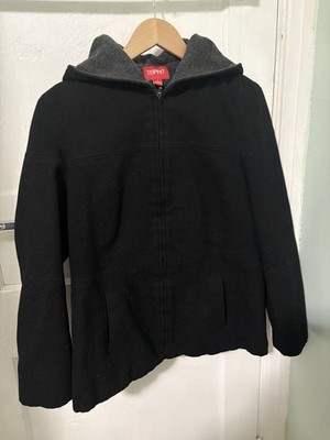 Vintage Women s Esprit Red Wool Coat Sz L Hooded Zip Classic Outdoors 90 s