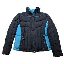 LL Bean Goose Down Puffer Jacket Womens Medium Black Blue Winter 90s Y2K VTG