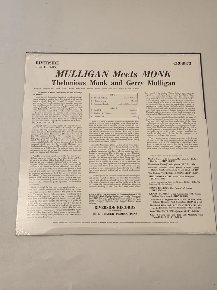 Mulligan Meets Monk RSD RARE MONO Vinyl Jazz Record Store Day 2025 Brand New  - Image 2 of 2