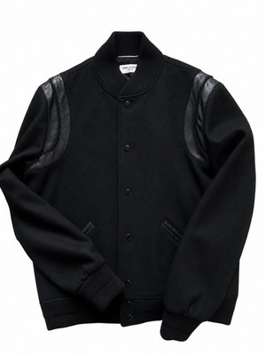 Saint Laurent Paris Men's Black Varsity Jacket Lined Leather Trim Band IT 50