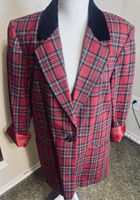Sag Harbor VTG 90s Red Plaid Blazer Wool Blend Jacket Velvet Collar Tartan