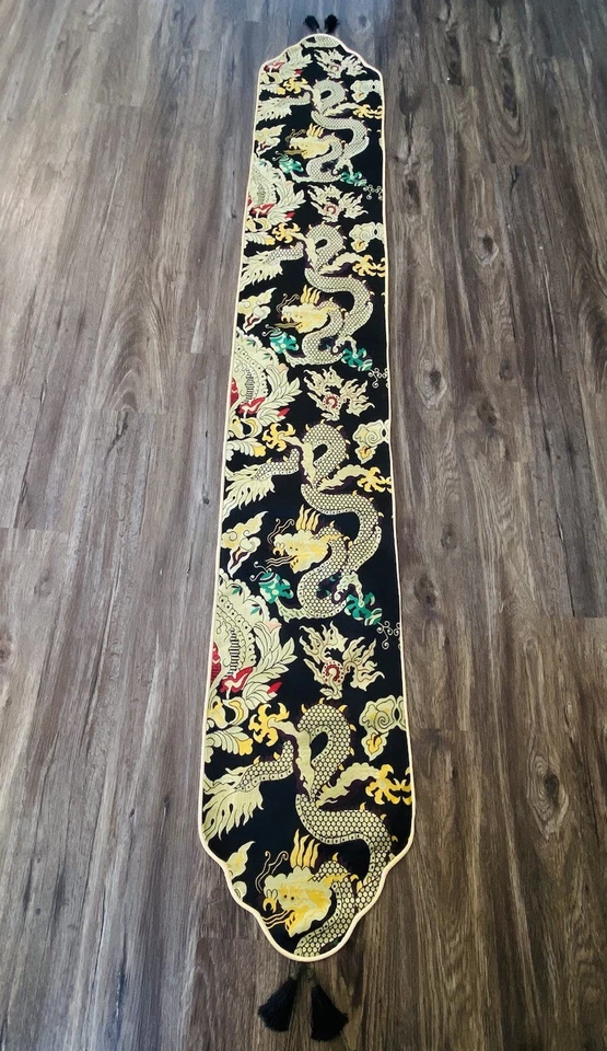 88”x13” Silk Chinese Table Runner, GOLD DRAGON on Black w/  Red, Green & Purple - Image 2 of 4