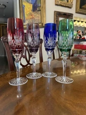 Set(4) AJKA Hungary “Caroline” Cut To Clear Holiday Crystal Champagne Flutes 9"