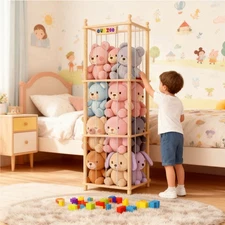 Stuffed Animals Storage Organizer Wood Plush Toy Organizer with Elastic Cords