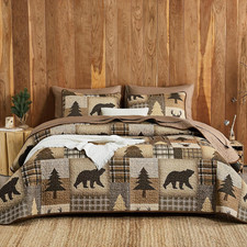 Rustic Quilt Set, Cabin Country Christmas Bear Deer Wildlife Plaid Lodge Wester