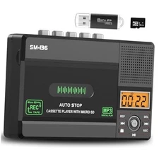 Small Cassette Tape Player, USB C or SD Card Audio Cassette to MP3 Black