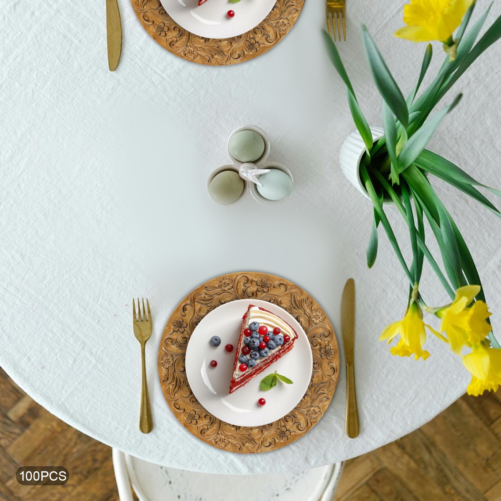 100 Pcs Antique Charger Plates Plastic Dinner Plate Decorative Chargers Gold