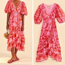 FARM RIO Jungle Wrap Midi Maxi Dress Medium Pink Red Puff Sleeve Tiered Skirt