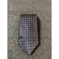 Perry Ellis Portfolio Mens Silk Tie Navy Blue Gold Geometric Grid Made in USA