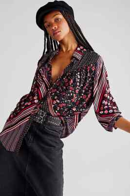 Free People Hazel Buttondown Relaxed Floral Top, Black Red, X-Small, RRP $98