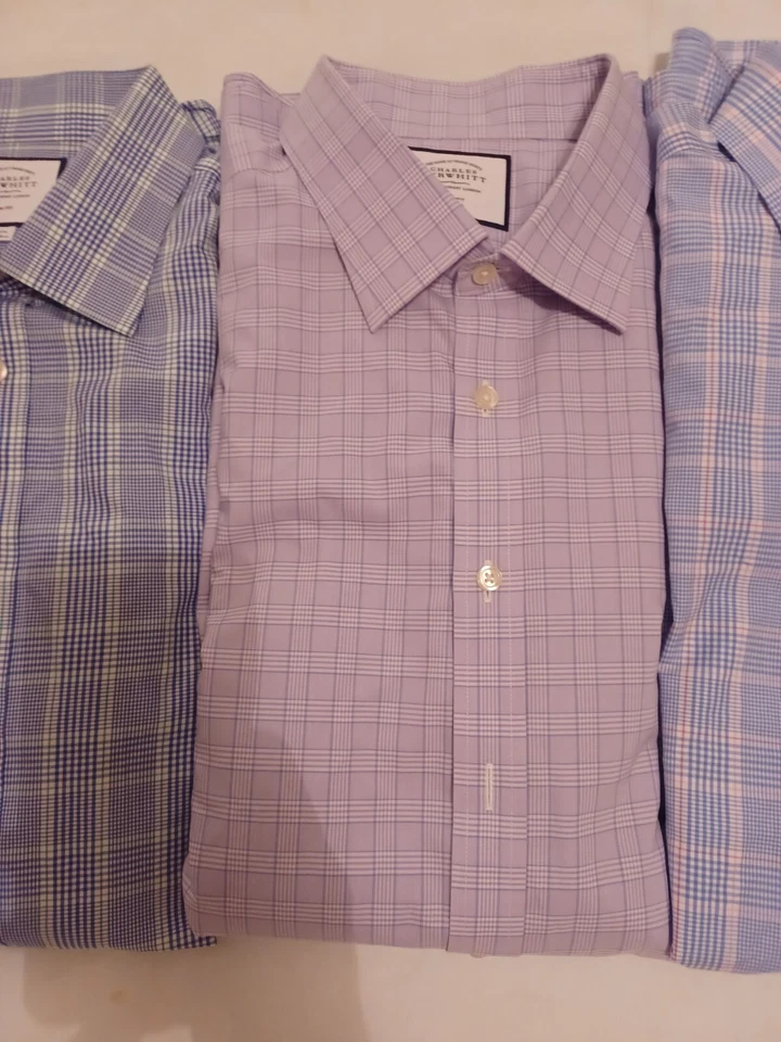 Lote (3) Camisa de Vestir Charles Tyrwhitt Para Hombres 18 37 Puño Francés Calce Ajustado Cuadros Foto 3 de 4