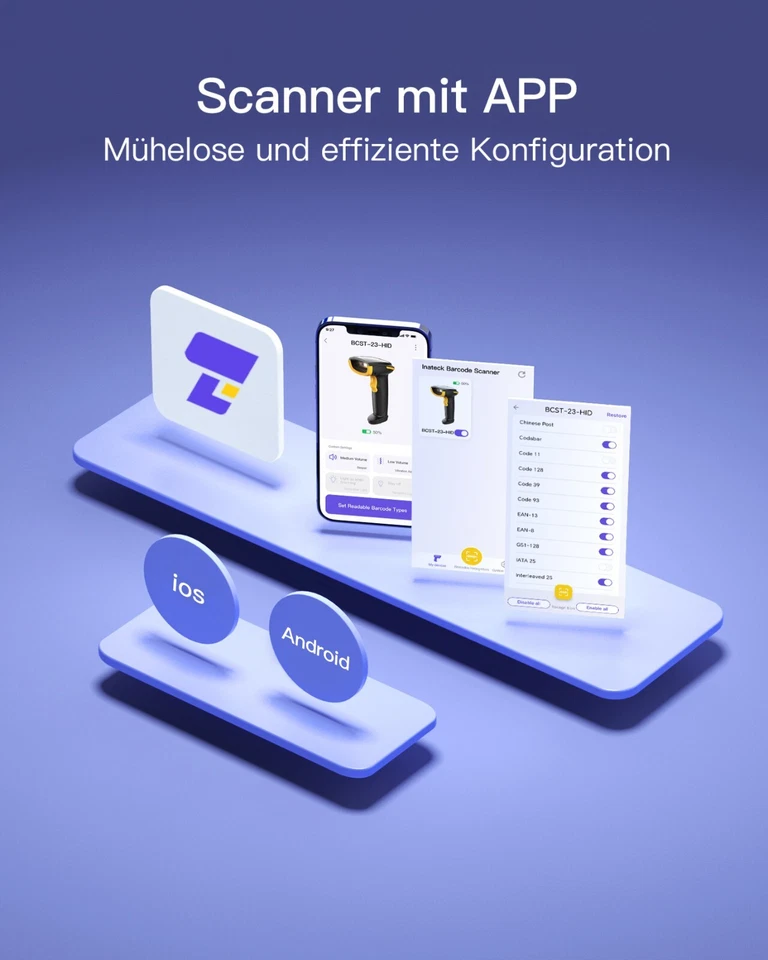 Inateck Barcode Scanner Bluetooth, 1D 2D QR Code Wireless Handscanner APP SDK - Bild 3 von 4