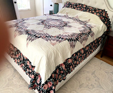 Hand Quilted Classic Star Quilt Roses Point Border Black Pink Green 106"x98"