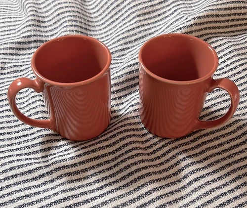 Set Of 2 Pink Corning Coral Pink Salmon Coffee Cups Mugs USA Vintage 8oz