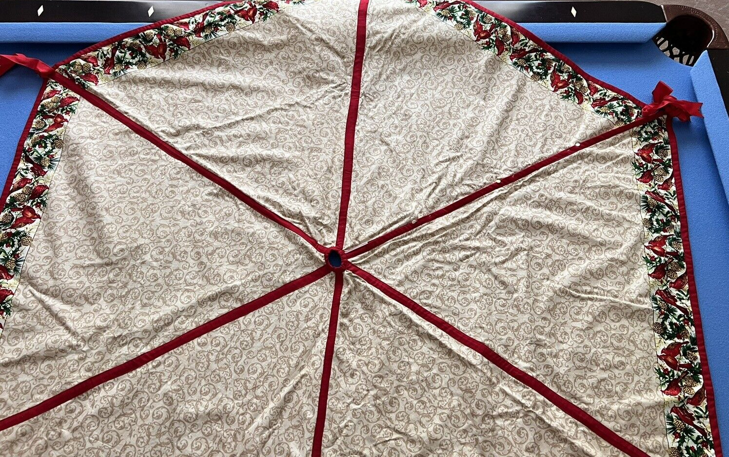 Vintage Hand Made Red Cardinal Pinecone Christmas Tree Skirt Large Hexagon 56"