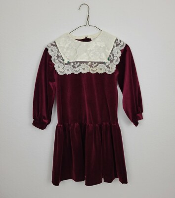 Vintage RARE EDITIONS Girls Red Maroon Velvet White Lace Long Dress  Christmas