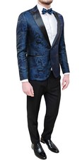 ABITO COMPLETO UOMO RASO FLOREALE BLU NERO SMOKING ELEGANTE SPOSO TESTIMONE