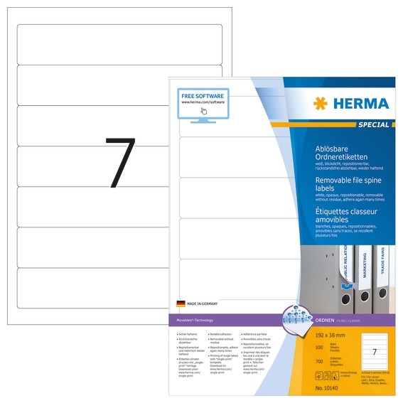 Herma 10140 AblöSbare Ordneretiketten A4 192X38 Mm Weiß Movables/AblöSbar Papier-image