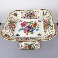 Vintage Dresden Schumann Bavaria Porcelain Flowers Reticulated Pedestal Bowl