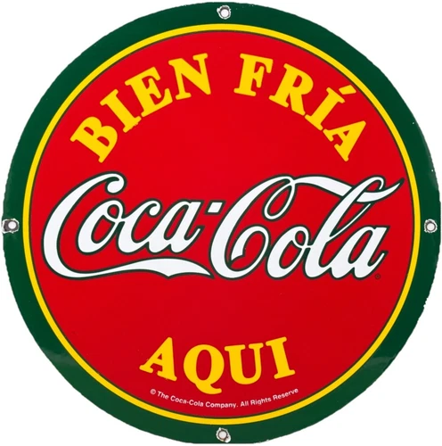 VINTAGE MEXICAN COCA COLA PORCELAIN SIGN GAS STATION PUMP PLATE RARE 14" WIDE