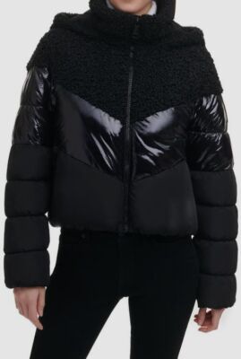 DKNY Women's Black Lined Logo Mixed-Media Cropped Hooded Puffer Jacket Size S