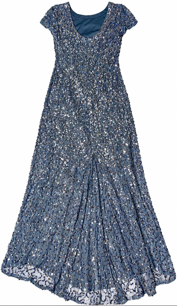 Maxi Vestido de Noche Formal Adrianna Papell Azul Lentejuelas Cuentas Manga Gorra Talla 8