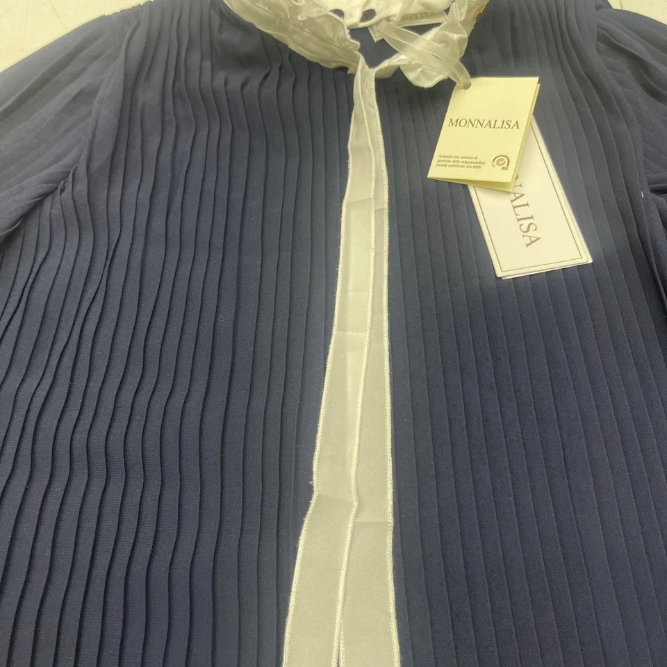 Vestido Monnalisa Meninas XS 158 Azul Marinho Clarissa Plissado Babado Gola Gravata 18FABI - Imagem 2 de 4