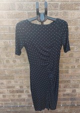 Whistles Y2K Black Polka Dot Ruched Jersey Midi Dress Short Sleeve Bodycon UK 10