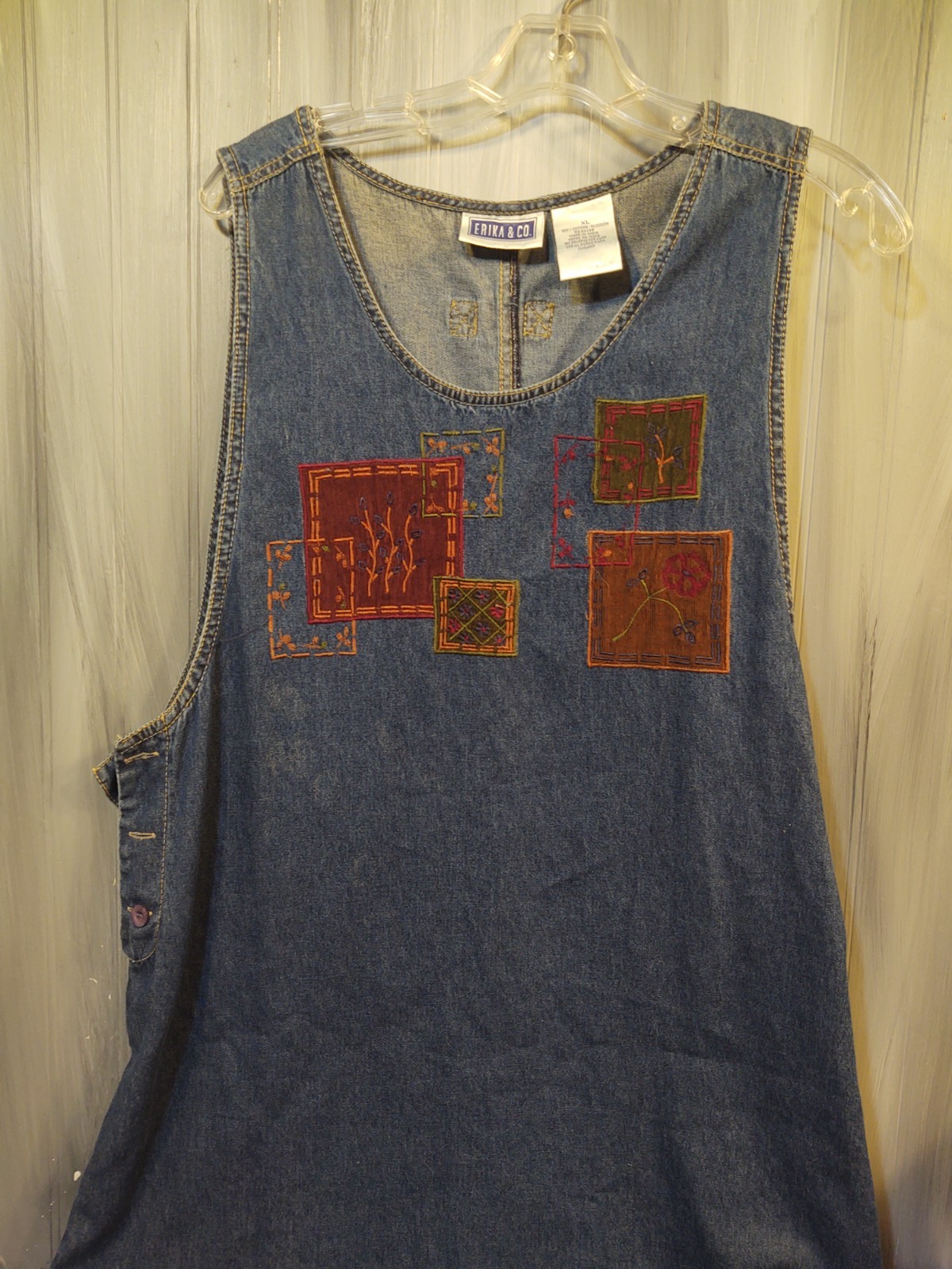 Erika Co Womens Vintage XL Sleeveless Floral Embroidered Denim Jumper Maxi Dress