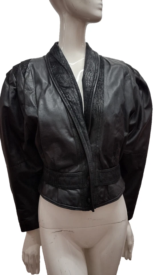 Black Motorcycle Leather Short Jacket New Wave Avante-Garde 1980s Bombshell S/M - Image 2 of 4