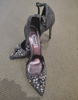 Dune London Silver Glitter Court Heels Ankle Strap Buckle Pointed Stiletto 7