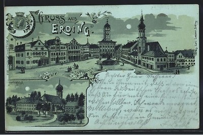 Mondschein-Lithographie Erding, Kirche Heiligblut, Marktplatz mit Brauerei 1898 