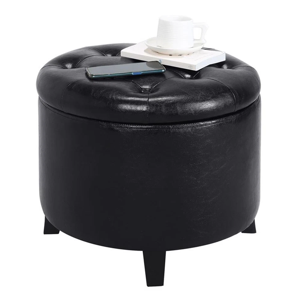 Convenience Concepts Designs4Comfort Round Storage Ottoman in Black Fabric - Image 2 of 4