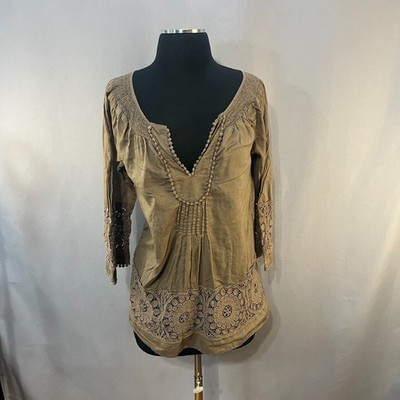 Daniel Rainn Tunic Dress Womens Medium Brown Cotton Crochet Lace Trim Smocked