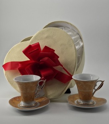  D'Lusso Designs Espresso Cup and Saucer Set of 2 Heart Shaped Gold Trim Gift...
