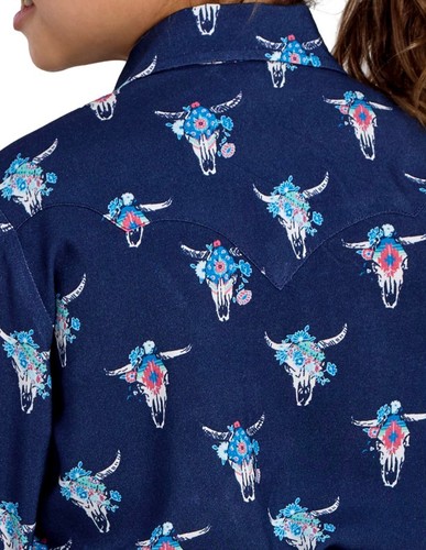 Roper Western Shirt Girls Cow Skull L/S Snap Blue 03-080-0590-2080 BU - Picture 2 of 2