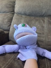 Purple Plush Frog Hand Puppet with Green Eyes, Open Mouth, vintage
