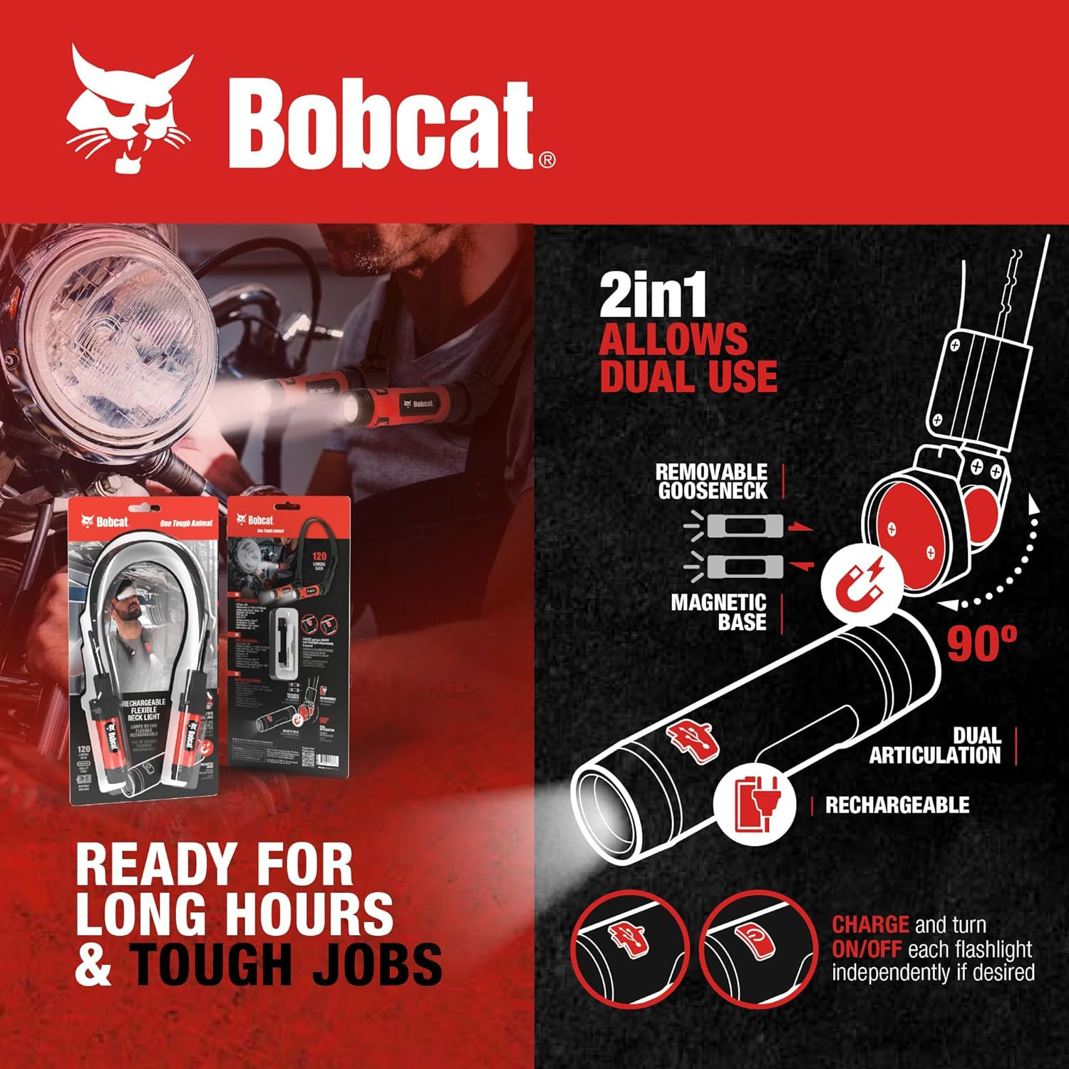 Bobcat Rechargeable Neck Light - Flexible LED with Magnetic Base and 3 Modes