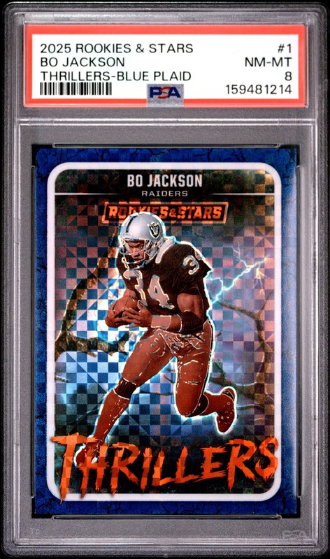 2025 PANINI ROOKIES & STARS THRILLERS BLUE PLAID #1 BO JACKSON PSA 8