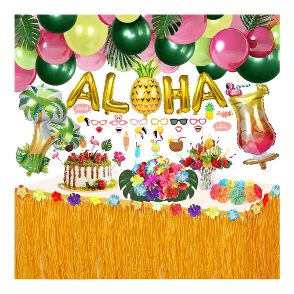Hawaii Party Deko Set 162 StüCk Aloha Ballons Tischrock Tropische Deko ZubehöR-image