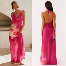 Peppermayo Fantasy Maxi Dress Pink Tropical Floral Halter Cowl Neck US 0 NEW