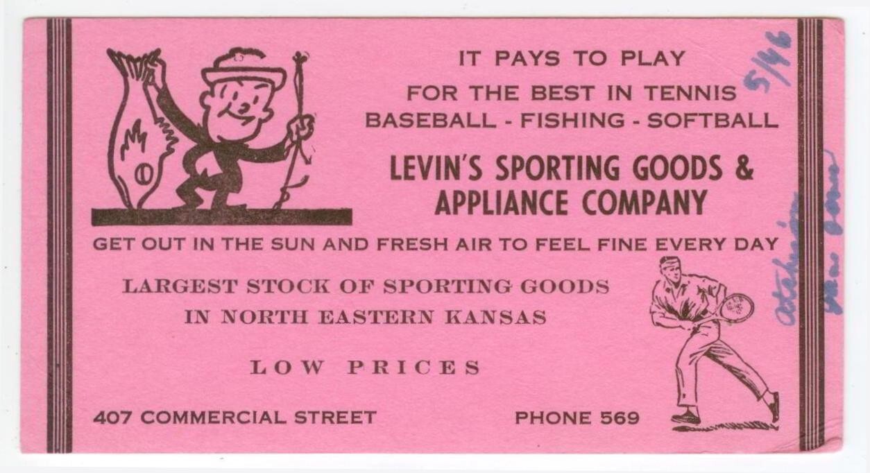 1946 Atchison Kansas Levin's Sporting Goods ad blotter Baseball Tennis