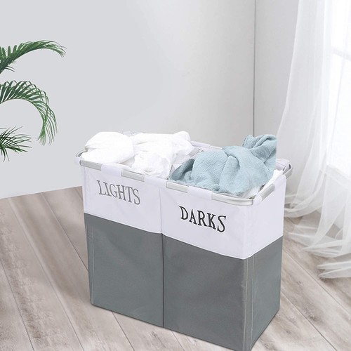 Folding Laundry Basket Hamper Cloth Storage 2 Compartment dark and Light - Picture 11 of 13