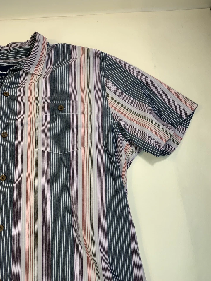 Camisa Tommy Bahama Para Hombre 2XL Gris Rayas Manga Corta Abotonada Playa Foto 4 de 4