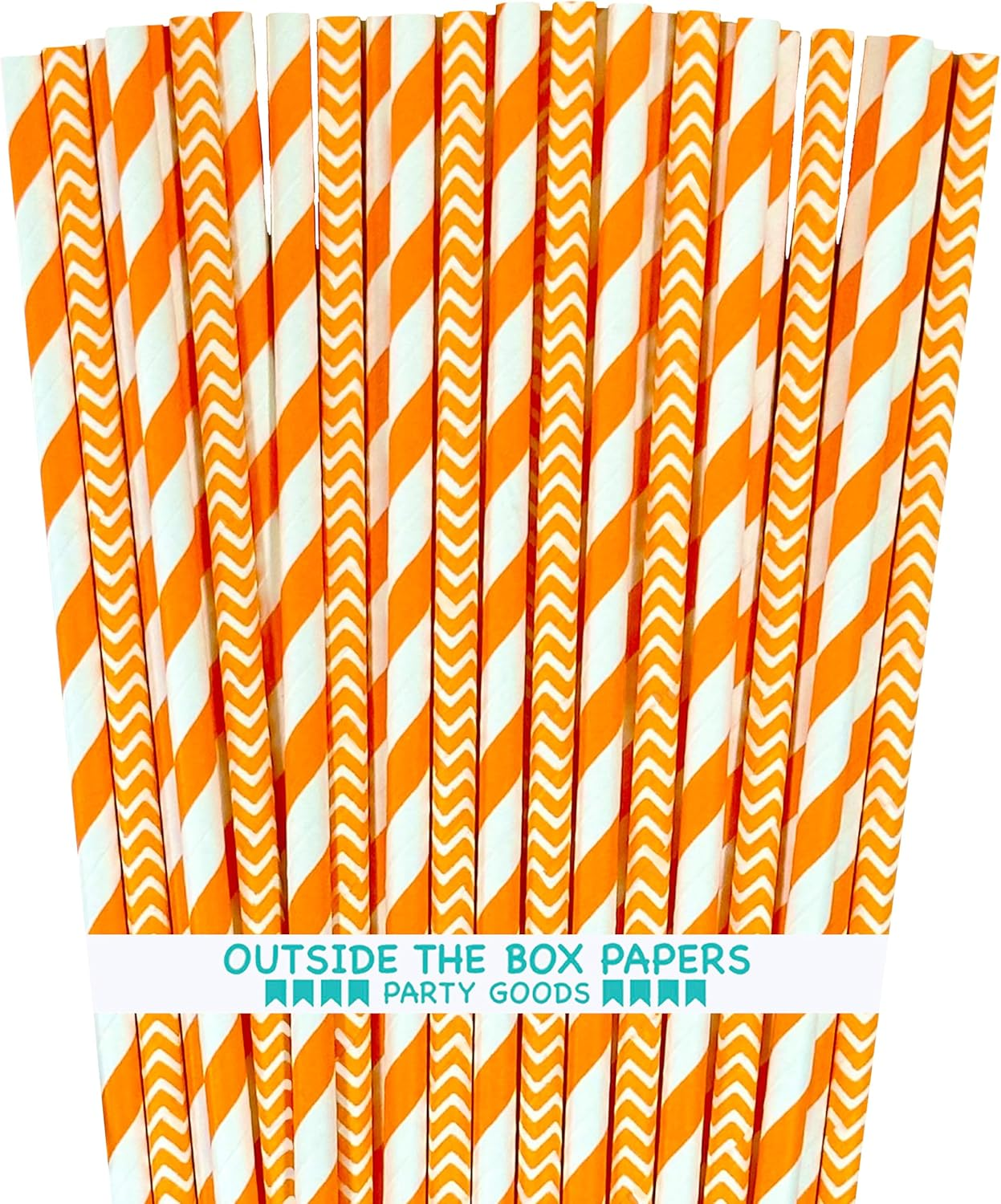 Colorful Orange & White Striped Chevron Paper Straws - 100 Pack