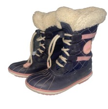 Clarks Girl Blue Leather GoreTex Drawstring Fur Lined Snow Boots UK 11.5 EU 29.5