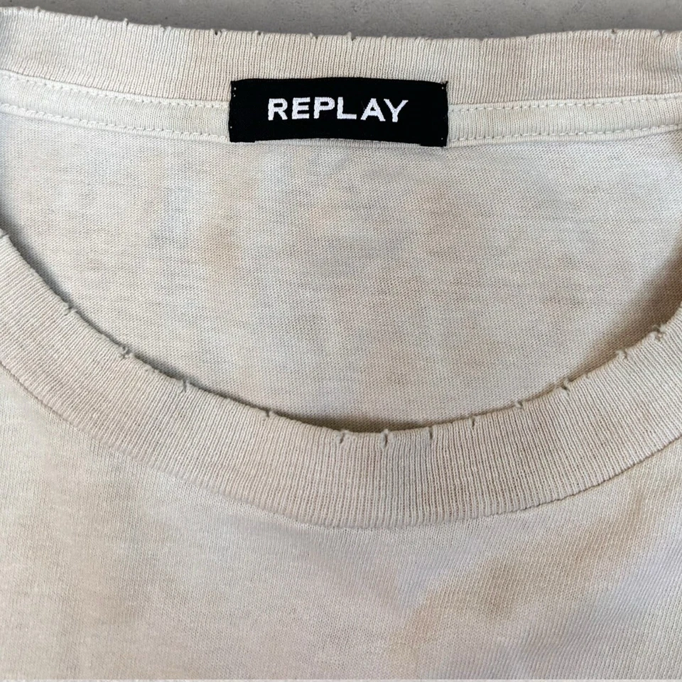 REPLAY Intentionally Distressed Designer T Shirt Beige Off Whit Fits Size Medium - Image 4 of 4