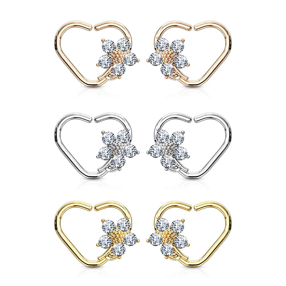 Piercing de anillos de aro Daith ajustados torre tragus cartílago oreja corazón circonita cúbica flor dorada Foto 3 de 4